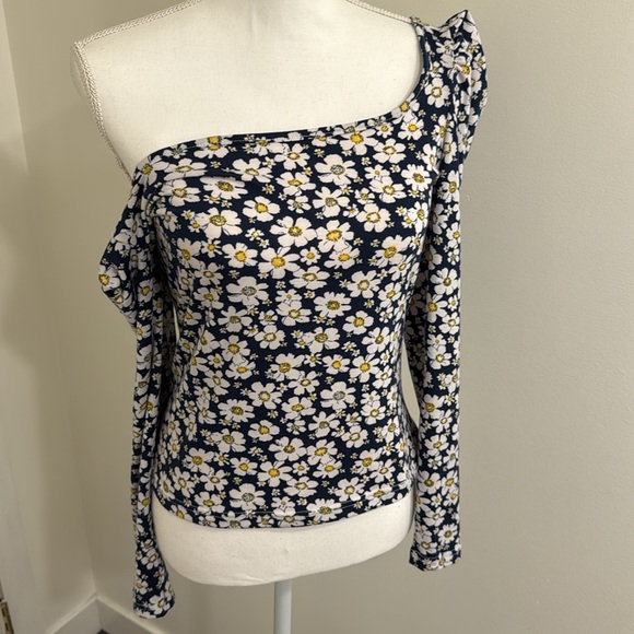 Shein Womens Size Medium Floral Daisy Long Sleeved Top Shirt Blue White Low Cut - Picture 2 of 15